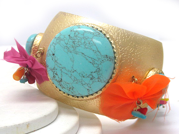 Three round turquoise stone and chip stone and fabric art metal bangle