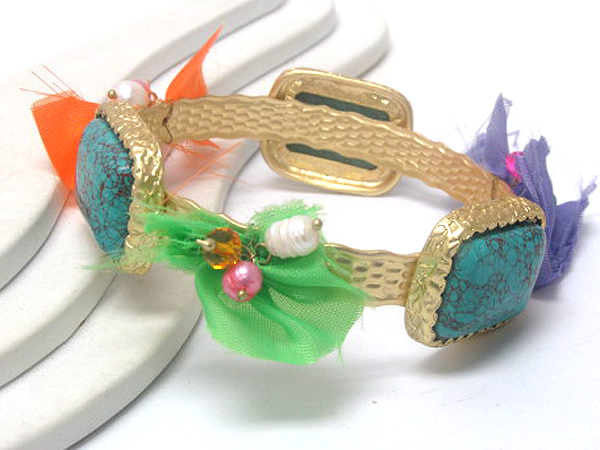 Three square turquoise stone and chip stone and fabric art metal bangle