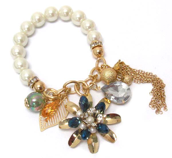 Crystal flower and stretch pearl bracelet