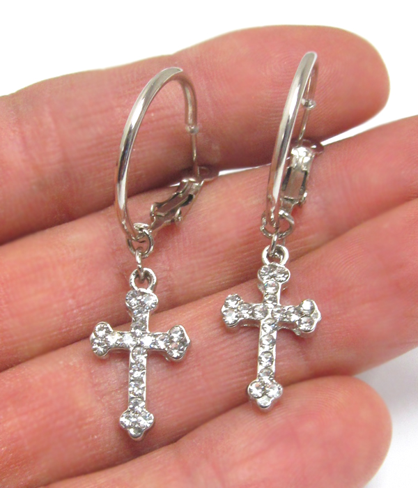 Crystal deco cross dangle hoop earring - hoops