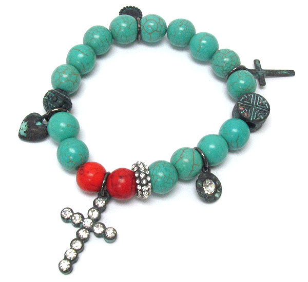 Crystal patina cross and turquoise ball link stretch bracelet