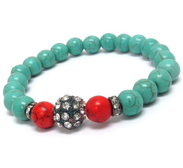 Crystal patina ball and turquoise ball link stretch bracelet