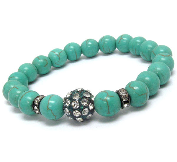 Crystal patina ball and turquoise ball link stretch bracelet