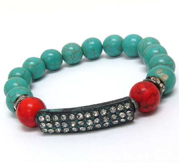 Crystal deco patina bar and turquoise ball link stretch bracelet