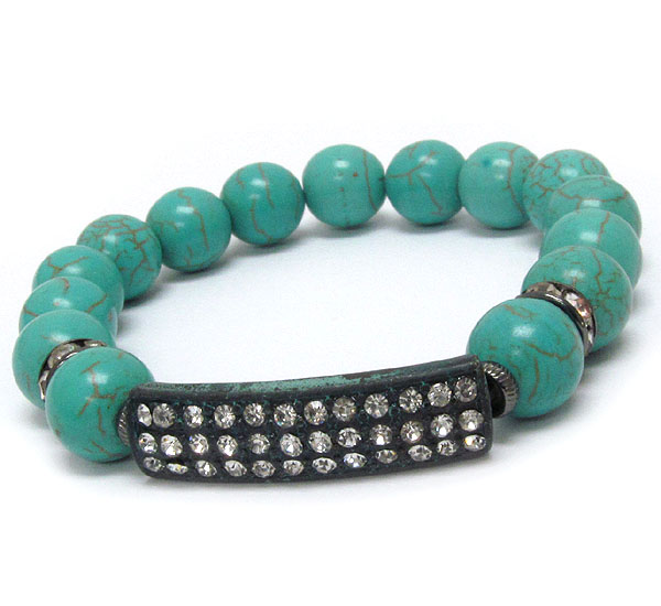 Crystal deco patina bar and turquoise ball link stretch bracelet