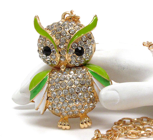 Crystal and epoxy deco owl pendant necklace