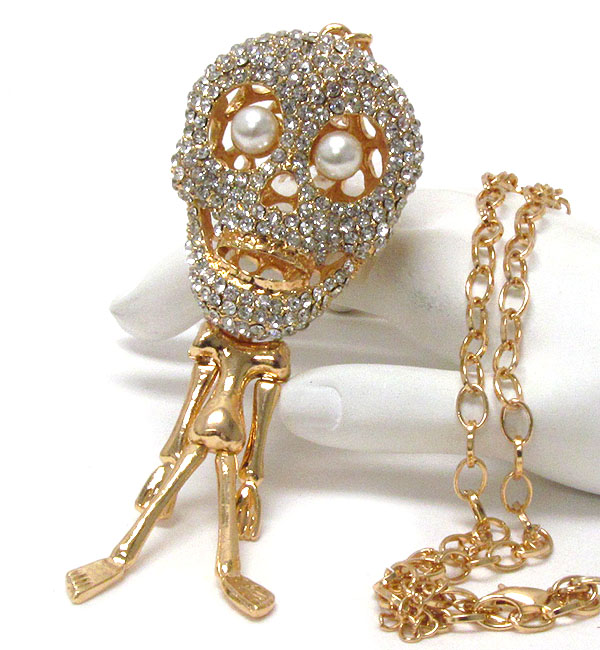 Crystal and pearl deco skull skeleton pendant necklace - halloween