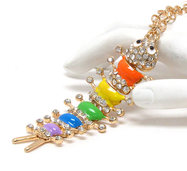 Crystal and rainbow epoxy deco caterpillar pendant necklace