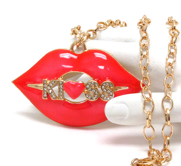 Crystal and epoxy deco kiss lip pendant necklace