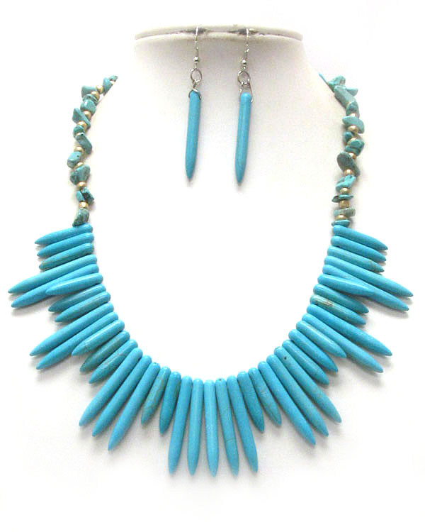 Multi turquoise spike and chip stone chain necklace earring set