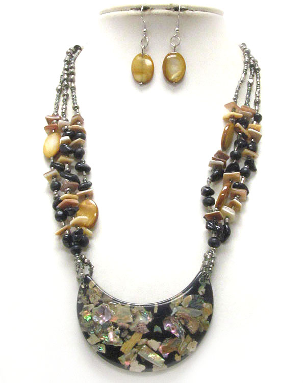 Mother of pearl crescent pendant and chip stone multi chain necklace earring set