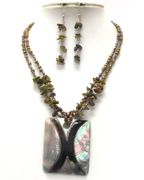 Mother of pearl square pendant and chip stone multi chain necklace earring set