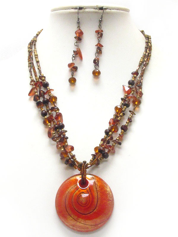 Murano glass disk pendant and chip stone multi chain necklace earring set