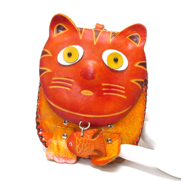 Genuine leather cat coin purse - mini strap included