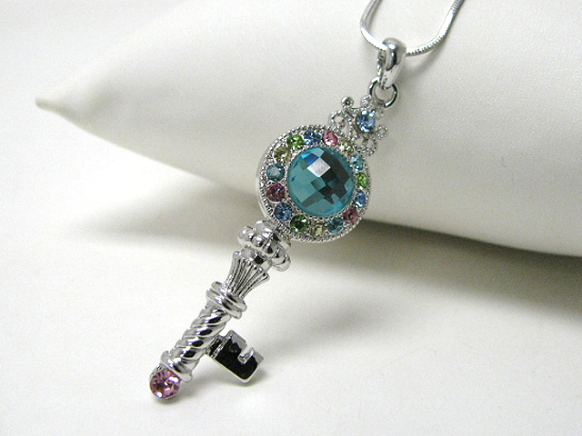 Made in korea whitegold plating multi color crystal key pendant necklace?