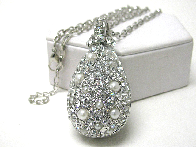 Crystal and pearl stud glam tear drop pendant long chain necklace