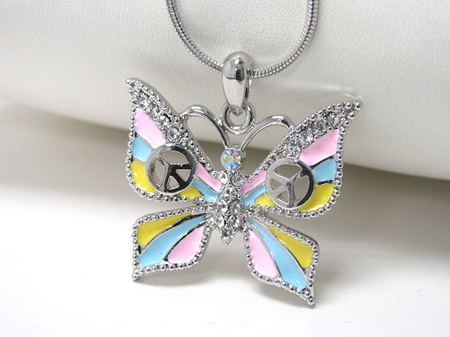 Made in korea whitegold plating epoxy and crystal stud butterfly pendant necklace