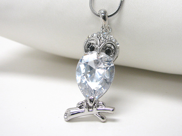 Made in korea whitegold plating facet cz and crystal owl pendant necklace