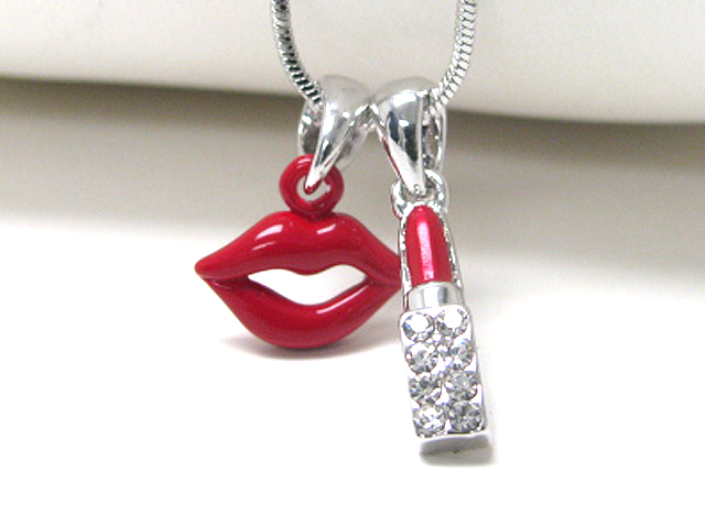 Made in korea whitegold plating crystal stud lips and lipstock pendant necklace