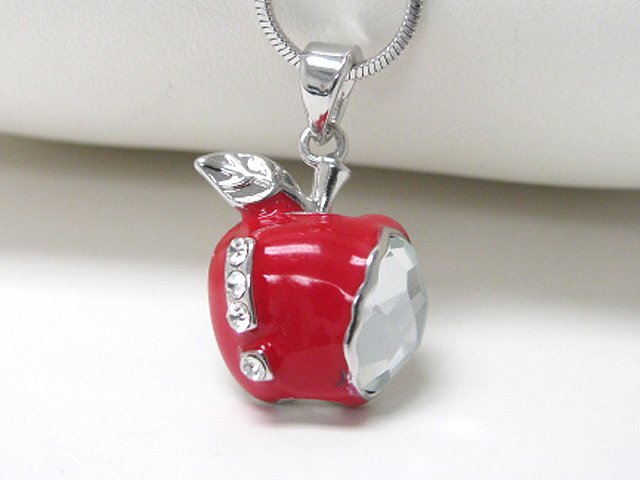 Made in korea whitegold plating crystal stud epoxy apple pendant necklace