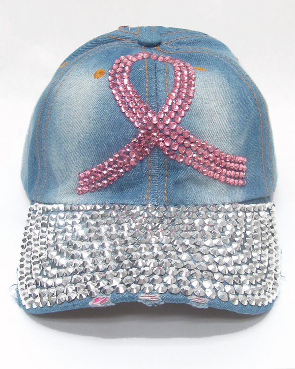 Rhinestone worn denim baseball cap - pink ribbon