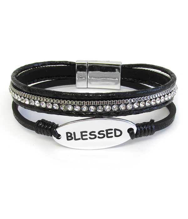 Religious inspiration multi leatherette magnetic bracelet - blessed