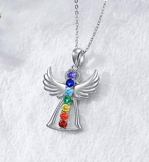Rainbow gemstone angel wings pendant necklace