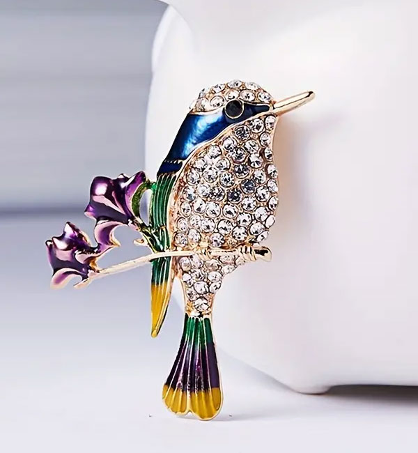 Colorful crystal bird with flower brooch pin