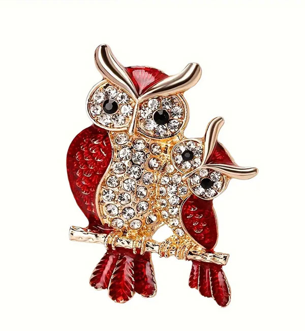 Red and gold crystal owl pair brooch pin