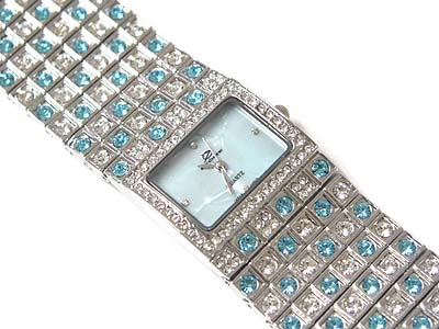 Designer inspired mop background crystal deco metal wide band women watch