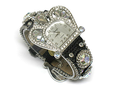 Multi crystal crown face with denim band watch