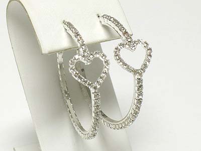 Rhinestone heart accent round hoop earring - hoops