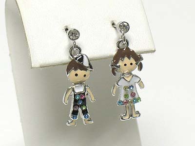 Crystal and metal epoxy boy and girl unbalance earring