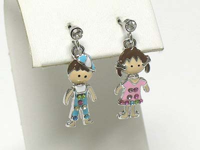 Crystal and metal epoxy boy and girl unbalance earring