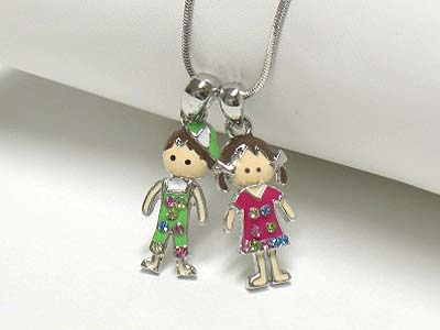 Crystal and metal epoxy boy and girl dual pendant necklace