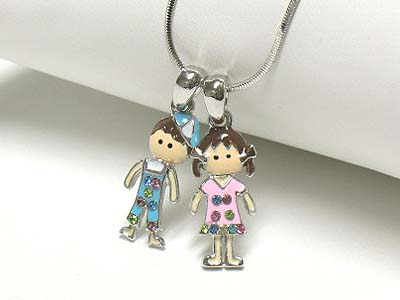 Crystal and metal epoxy boy and girl dual pendant necklace