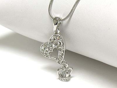 Made in korea whitegold plating crystal heart and crown drop pendant necklace