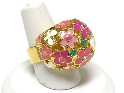 Crystal and metal epoxy flower puffy adjustable ring