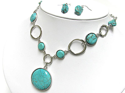 Round turquoise stone chain link necklace and earring set