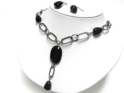 Jet stone chain link y drop necklace and earring set 