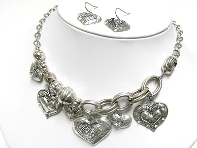 Antique style multi metal heart dangle necklace and earring set