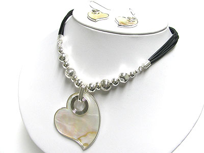 Mother of pearl heart pendant and multi cord necklace and earring set