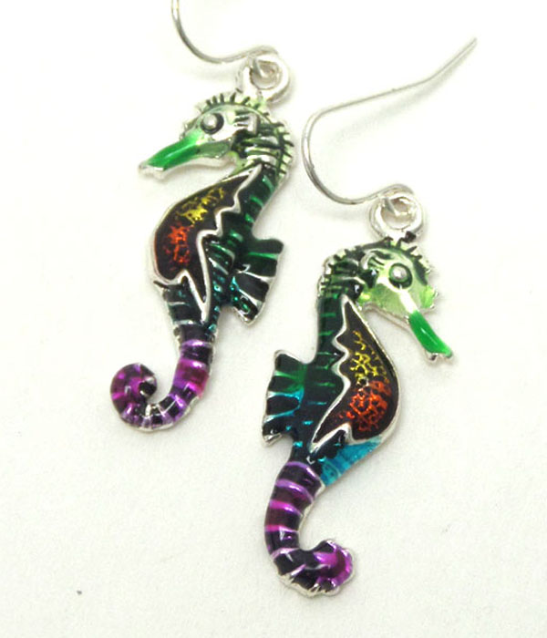 Metal multi color seahorse hook earrings