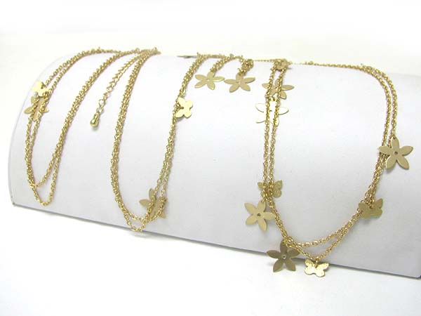 Flower accent long metal chain necklace earring set