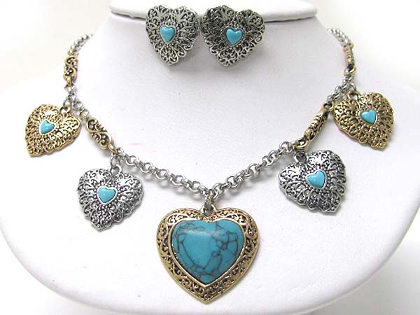 Turquoise stone metal filigree multi hearts dangle necklace earring set