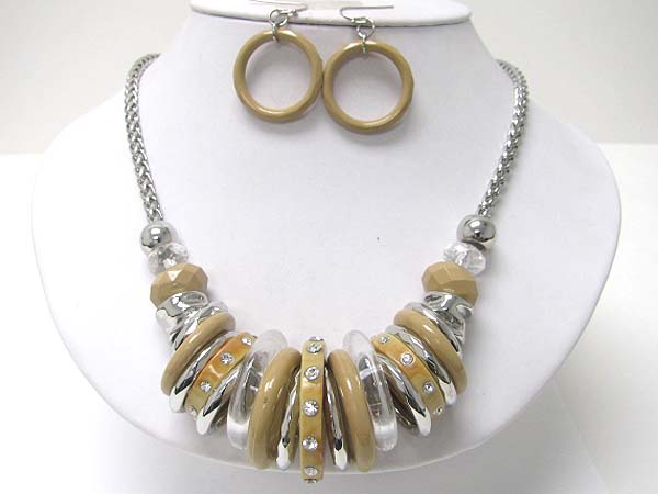 Crystal stud chunky acryl and metal ring necklace earring set 