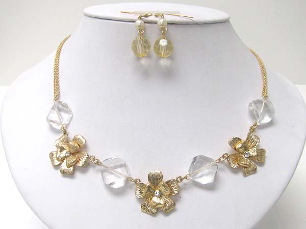 Crystal stud metal flowers and beads link neckalce earring set