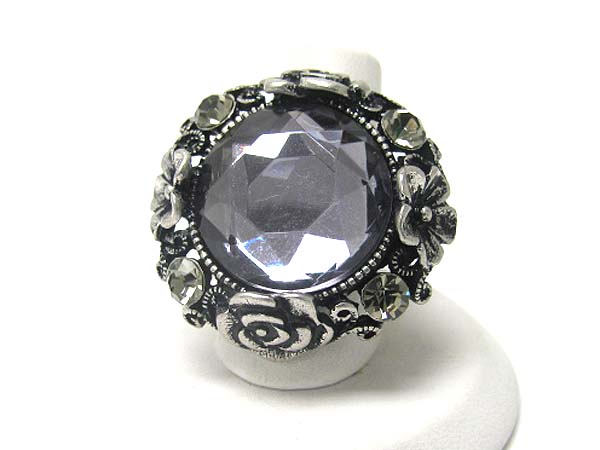 Crystal stud antique burnish metal flower deco stretch ring