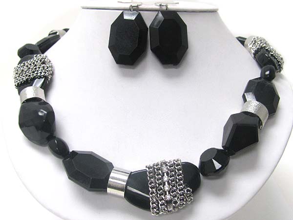 Metal chain wrapped ice beads necklace earring set