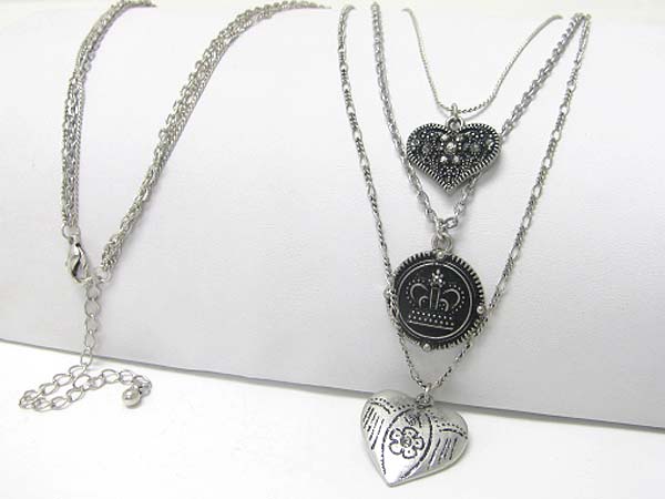 Antique look multi row heart and round charm dangle long chain necklace